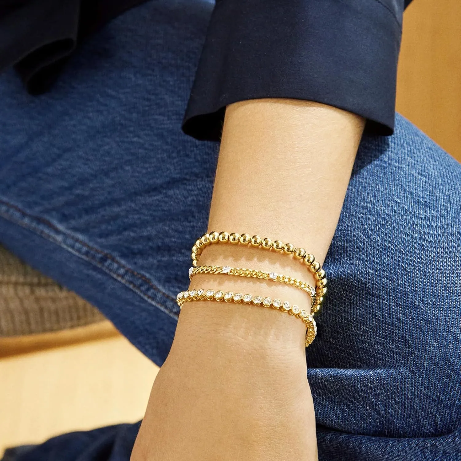 14K Gold Chai14K Gold Chain Bracelets Set for Women, Dainty Paperclip Link Bead Stackable Layered Bracelets Metal Fashion Jewelry