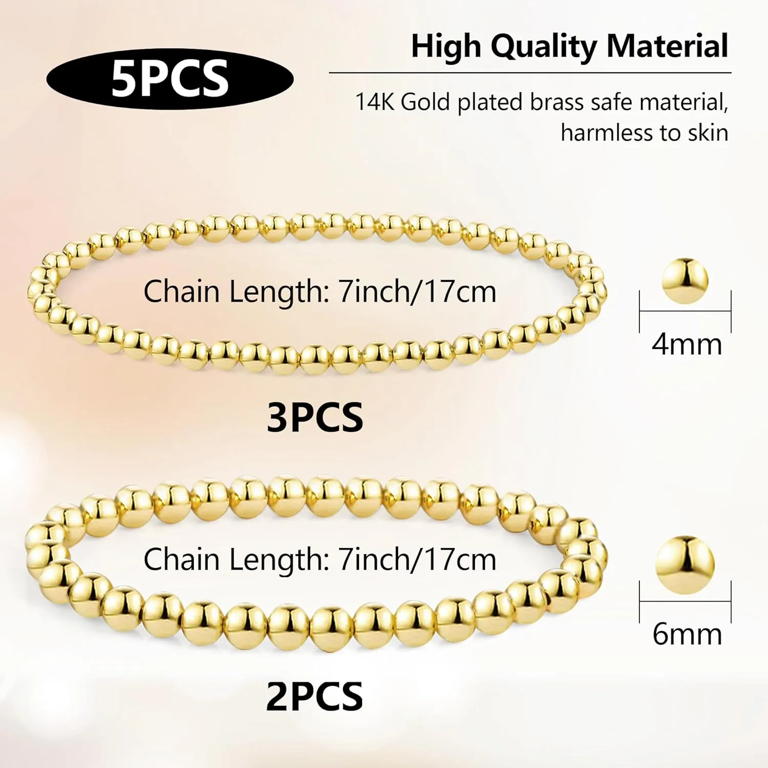 14K Gold Chai14K Gold Chain Bracelets Set for Women, Dainty Paperclip Link Bead Stackable Layered Bracelets Metal Fashion Jewelry