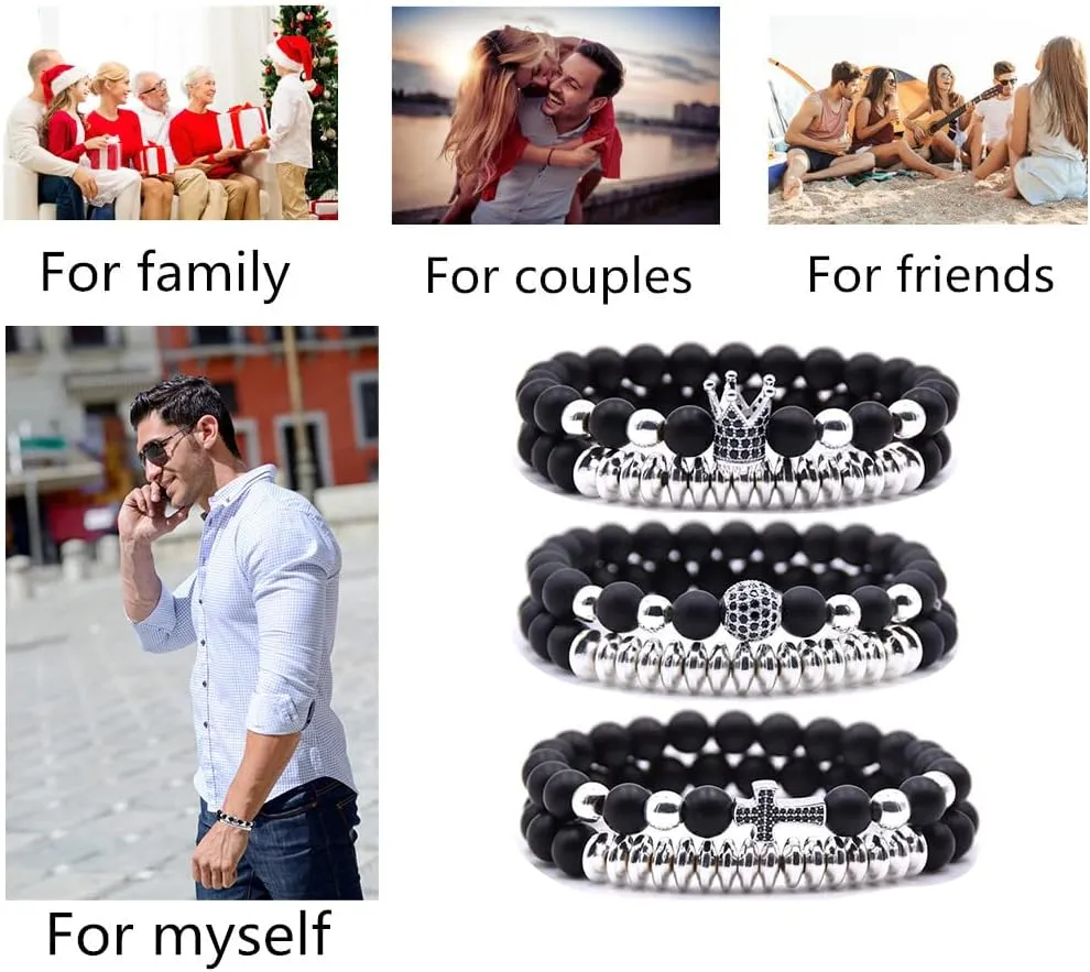 3 Set Micro Pave Zircon Crown King Charm 8mm Beads Bracelet for Men Women His and Hers Couple Bracelet Natural Black Matte Onyx Stone Hematite Beads Elastic Adjustable