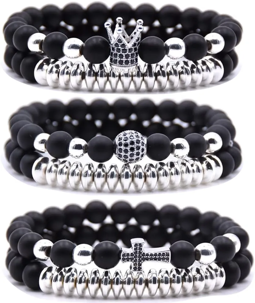 3 Set Micro Pave Zircon Crown King Charm 8mm Beads Bracelet for Men Women His and Hers Couple Bracelet Natural Black Matte Onyx Stone Hematite Beads Elastic Adjustable
