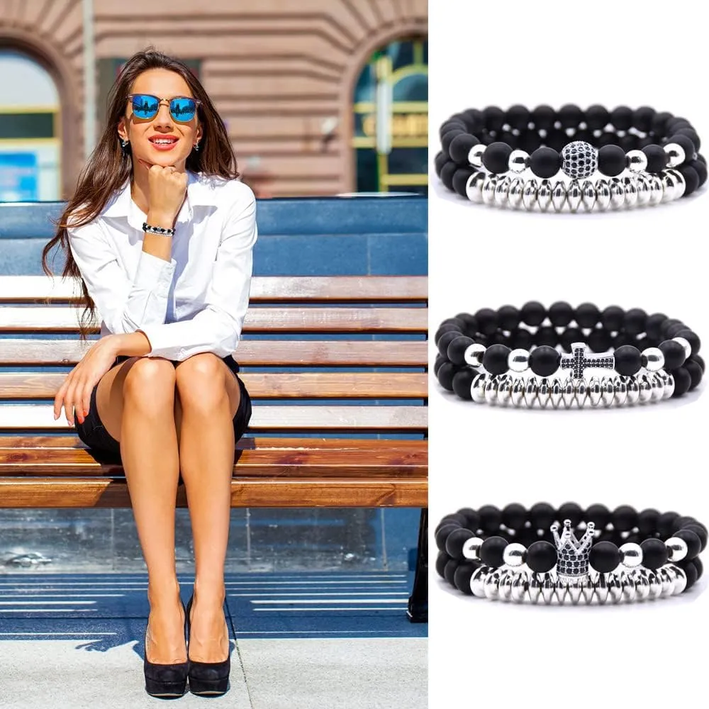 3 Set Micro Pave Zircon Crown King Charm 8mm Beads Bracelet for Men Women His and Hers Couple Bracelet Natural Black Matte Onyx Stone Hematite Beads Elastic Adjustable