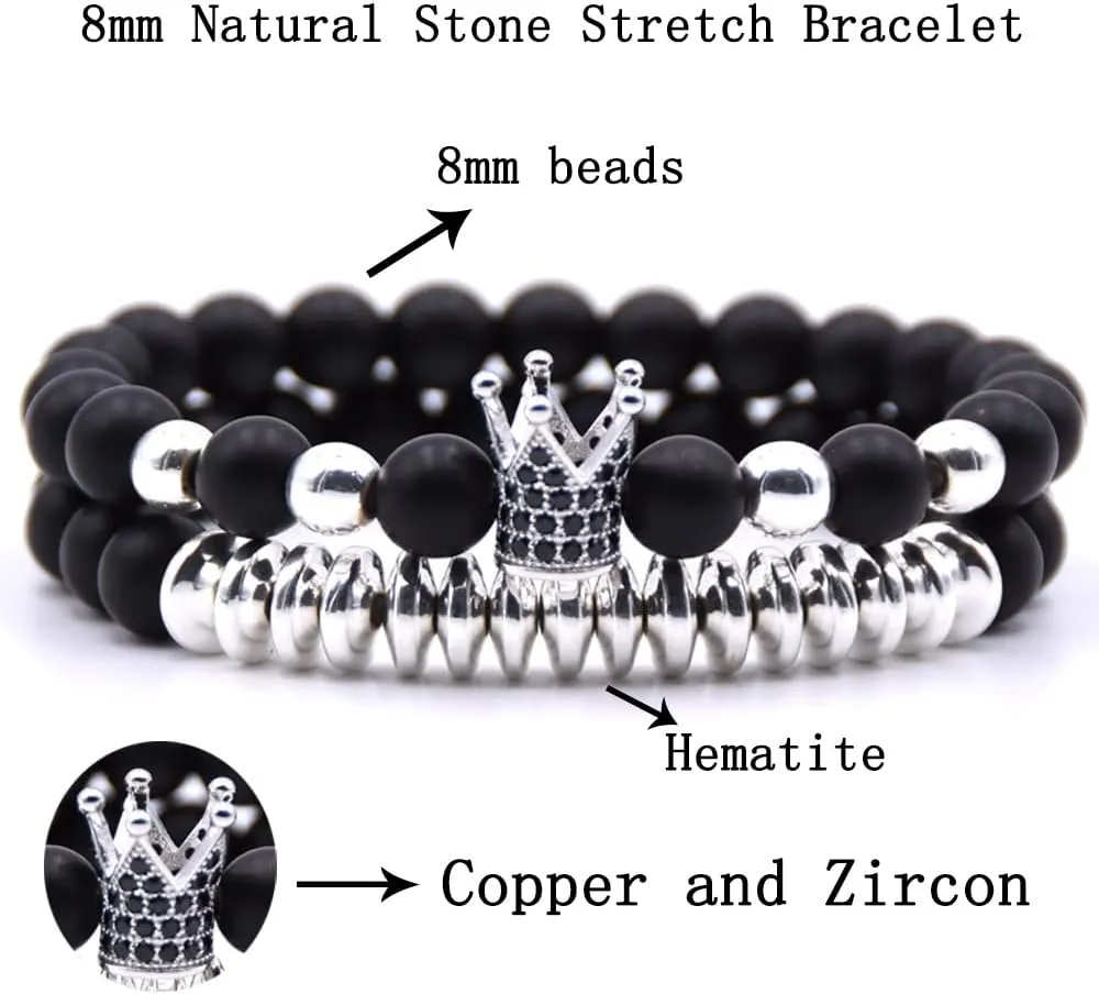 3 Set Micro Pave Zircon Crown King Charm 8mm Beads Bracelet for Men Women His and Hers Couple Bracelet Natural Black Matte Onyx Stone Hematite Beads Elastic Adjustable
