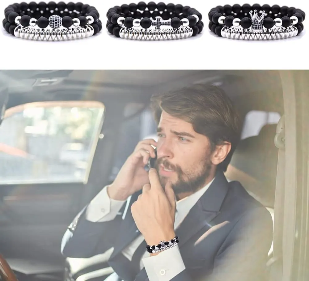 3 Set Micro Pave Zircon Crown King Charm 8mm Beads Bracelet for Men Women His and Hers Couple Bracelet Natural Black Matte Onyx Stone Hematite Beads Elastic Adjustable