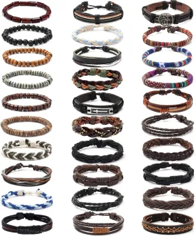 30Pcs Braided Leather Bracelets for Men Women Woven Cuff Wrap Bracelet Wood Beads Hemp Cords Ethnic Tribal Handmade Wrap Wristband Bracelets Set Adjustable
