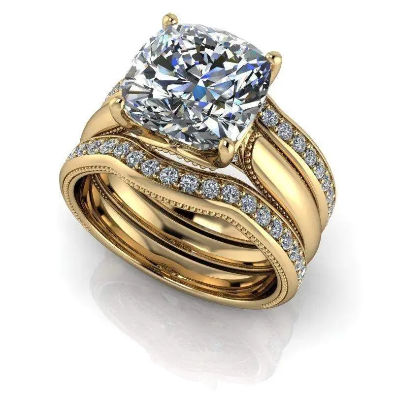 3.84 CTW Colorless Moissanite Bridal Set Cushion Cut Milgrain Accented Engagement Ring