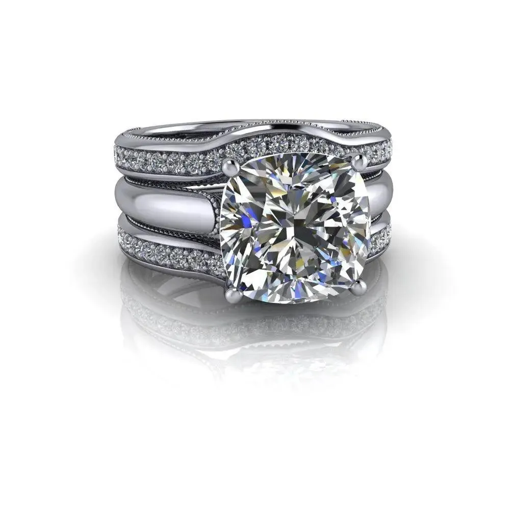 3.84 CTW Colorless Moissanite Bridal Set Cushion Cut Milgrain Accented Engagement Ring