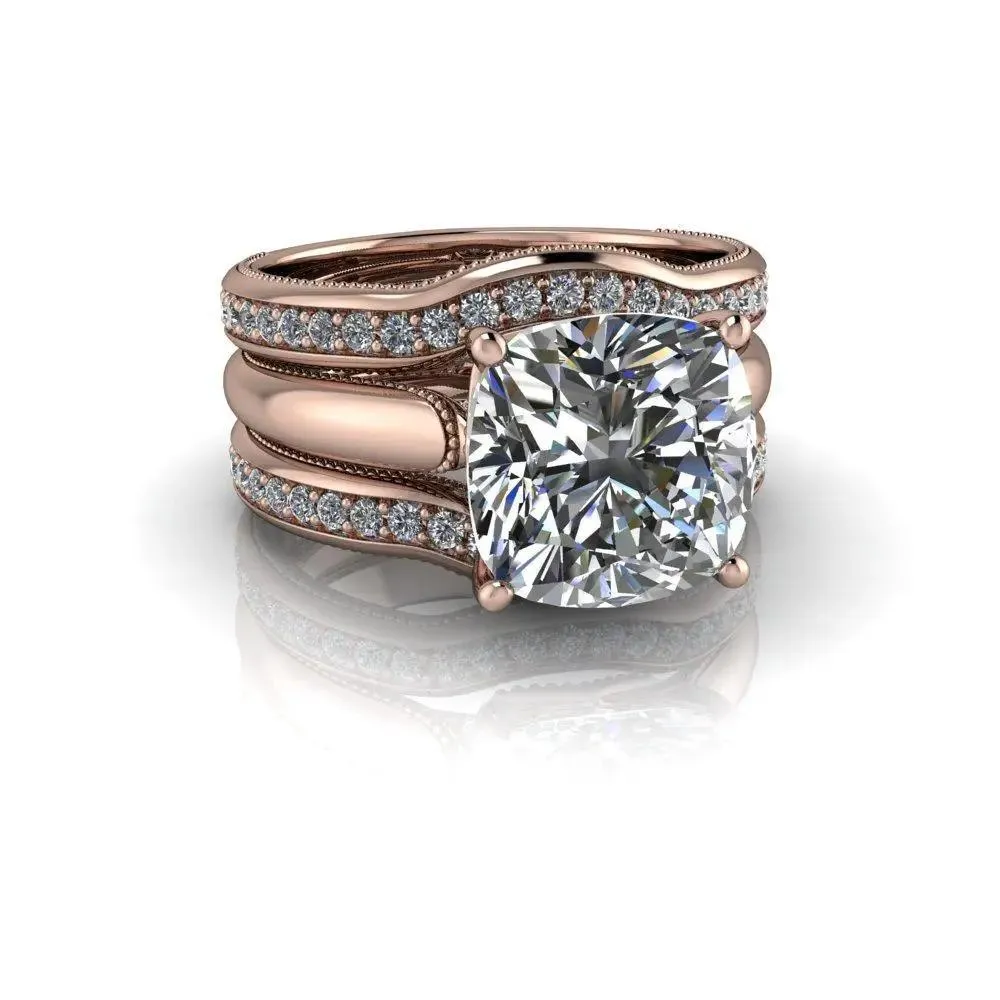 3.84 CTW Colorless Moissanite Bridal Set Cushion Cut Milgrain Accented Engagement Ring