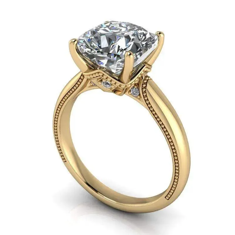 3.84 CTW Colorless Moissanite Bridal Set Cushion Cut Milgrain Accented Engagement Ring