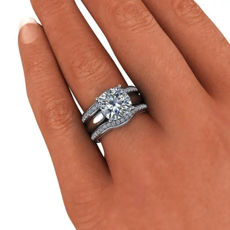 3.84 CTW Colorless Moissanite Bridal Set Cushion Cut Milgrain Accented Engagement Ring
