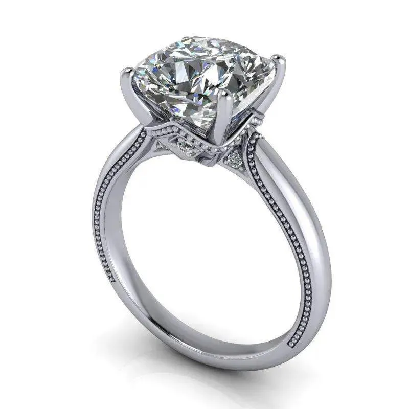 3.84 CTW Colorless Moissanite Bridal Set Cushion Cut Milgrain Accented Engagement Ring