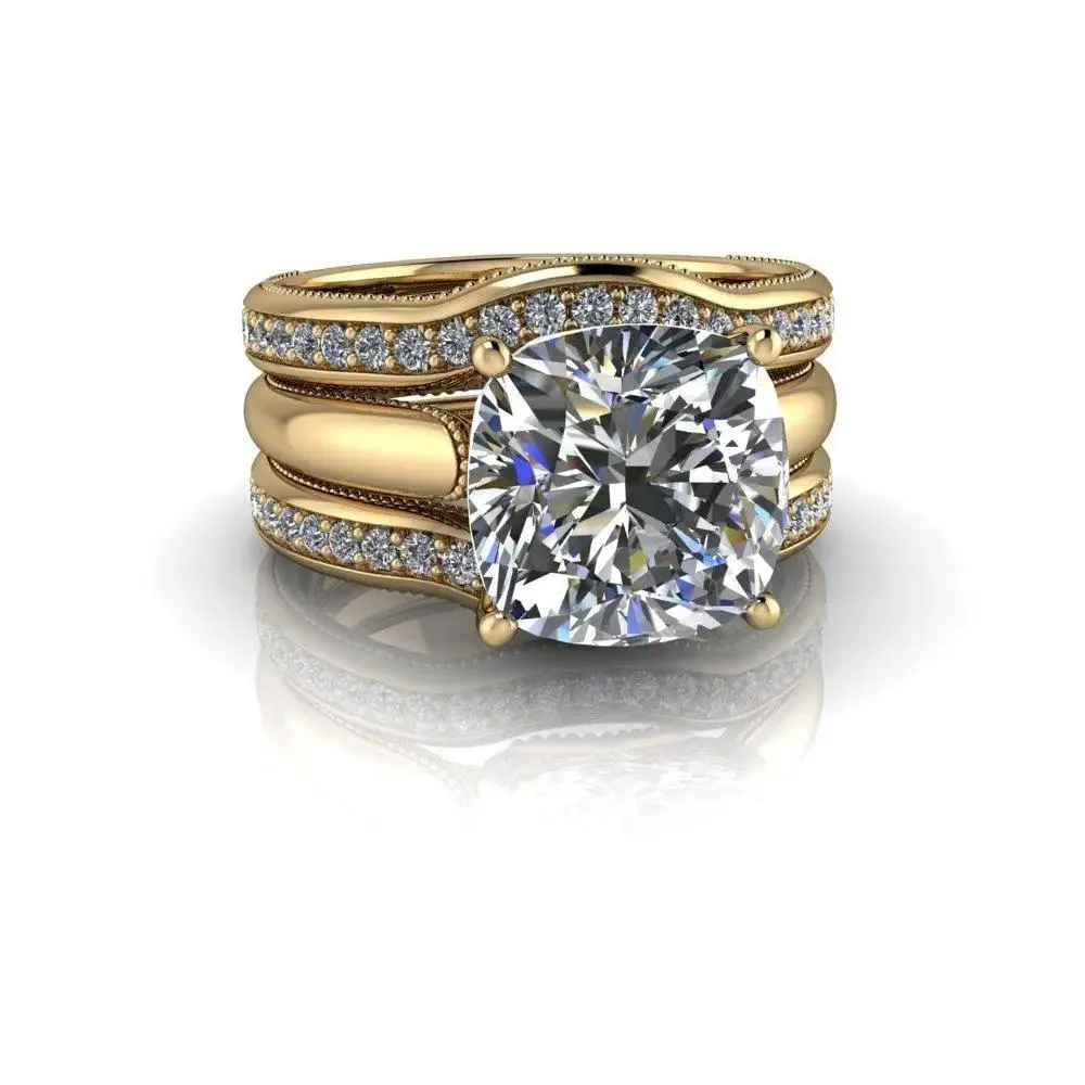 3.84 CTW Colorless Moissanite Bridal Set Cushion Cut Milgrain Accented Engagement Ring