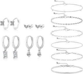 4 PCS Silver Earrings and 6 PCS Silver Bracelets Set for Women Dainty 14k Silver Plated Lightweight Huggie Hoop Earrings Set Trendy 14K Real Silver Plated Bracelets Stack Jewelry Sets