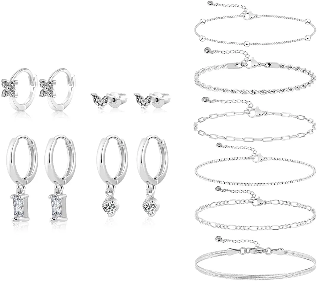 4 PCS Silver Earrings and 6 PCS Silver Bracelets Set for Women Dainty 14k Silver Plated Lightweight Huggie Hoop Earrings Set Trendy 14K Real Silver Plated Bracelets Stack Jewelry Sets