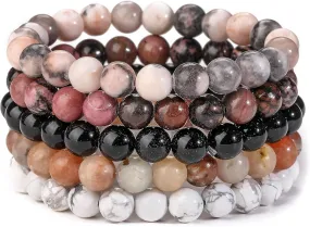 5PCS Semi-Precious Gemstone Bracelets | Gift Package | Healing Crystal Stone Beaded Bracelets for Women Men 8mm Round Beaded Stretch Bracelets Unisex Stress Relief Yoga Bracelets