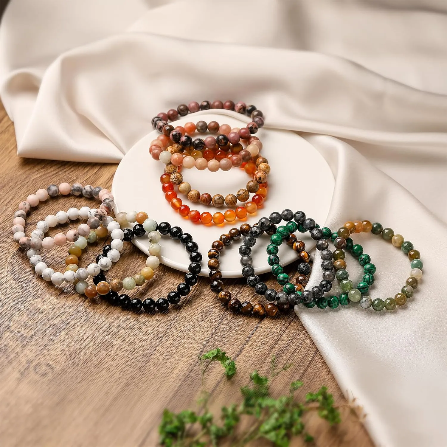5PCS Semi-Precious Gemstone Bracelets | Gift Package | Healing Crystal Stone Beaded Bracelets for Women Men 8mm Round Beaded Stretch Bracelets Unisex Stress Relief Yoga Bracelets