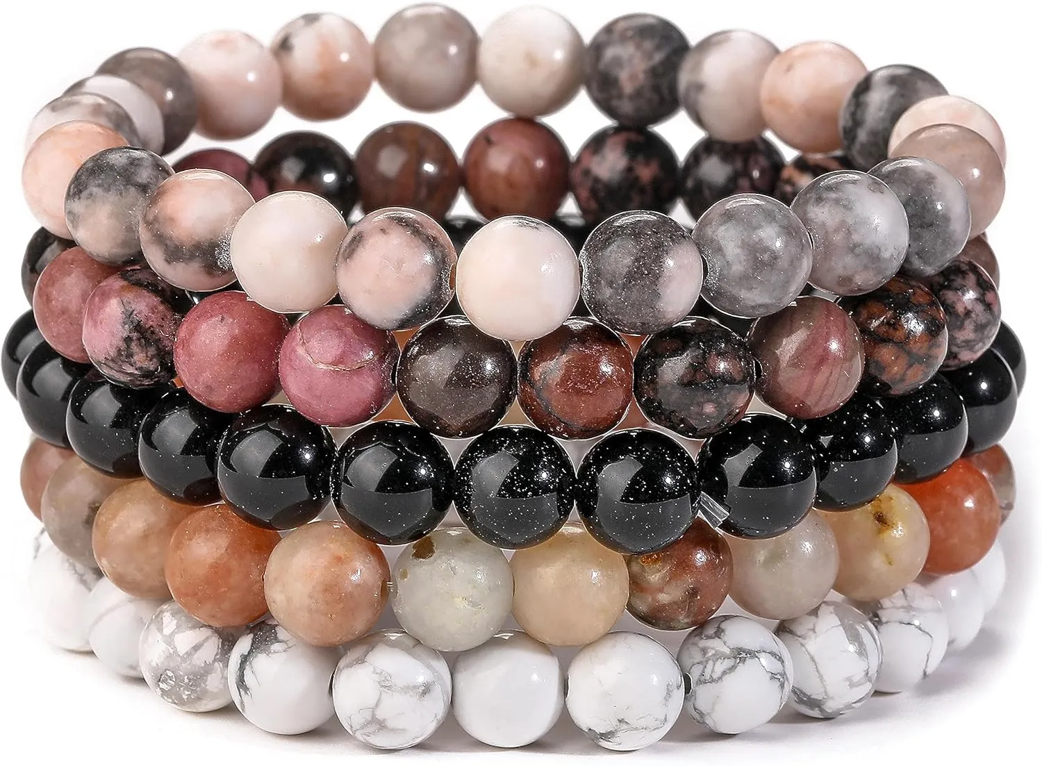 5PCS Semi-Precious Gemstone Bracelets | Gift Package | Healing Crystal Stone Beaded Bracelets for Women Men 8mm Round Beaded Stretch Bracelets Unisex Stress Relief Yoga Bracelets