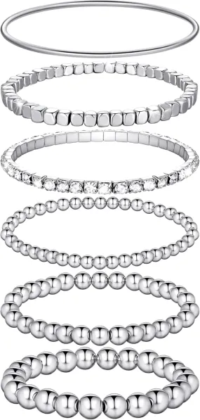 6 Pieces Bracelets Set for Women Stackable Elastic Bead Ball Sets Thin Bangle Stretch Cubic Bead Tennis Bracelet with Round Moissanite