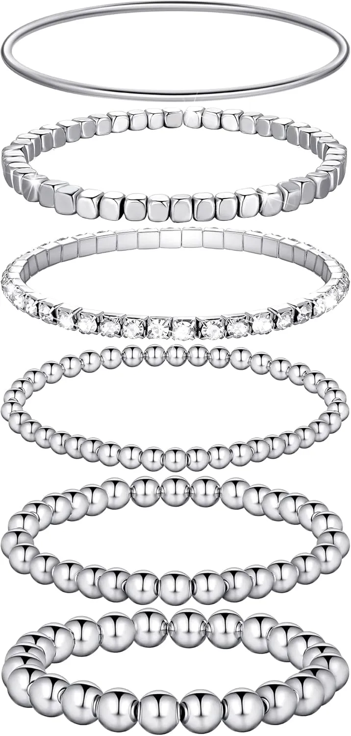 6 Pieces Bracelets Set for Women Stackable Elastic Bead Ball Sets Thin Bangle Stretch Cubic Bead Tennis Bracelet with Round Moissanite