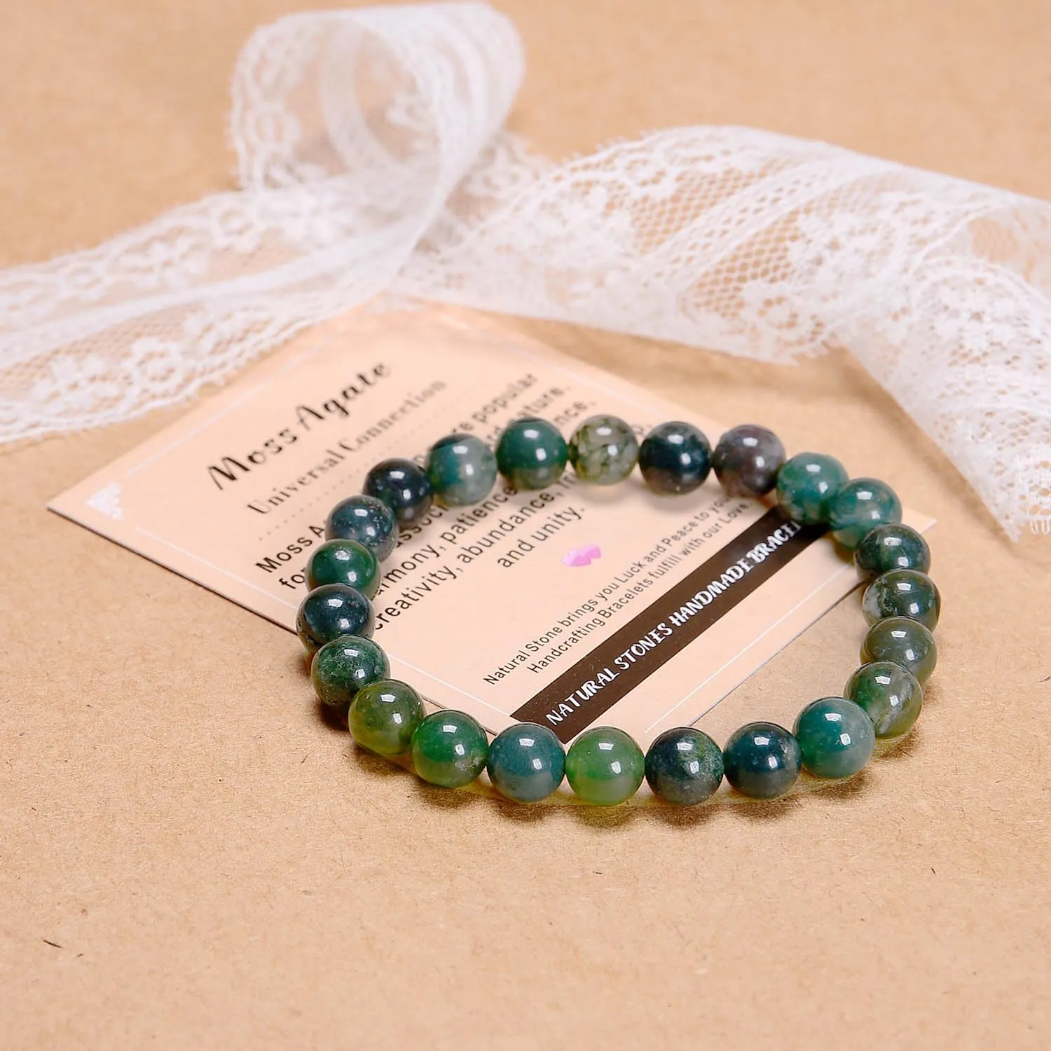 AD Beads Handmade Gemstone Stretch Elastic Bracelet Crystal Healing Reiki Nature's Beauty and Spiritual Essence Unisex (4mm, Moss Agate (Universal Connection))