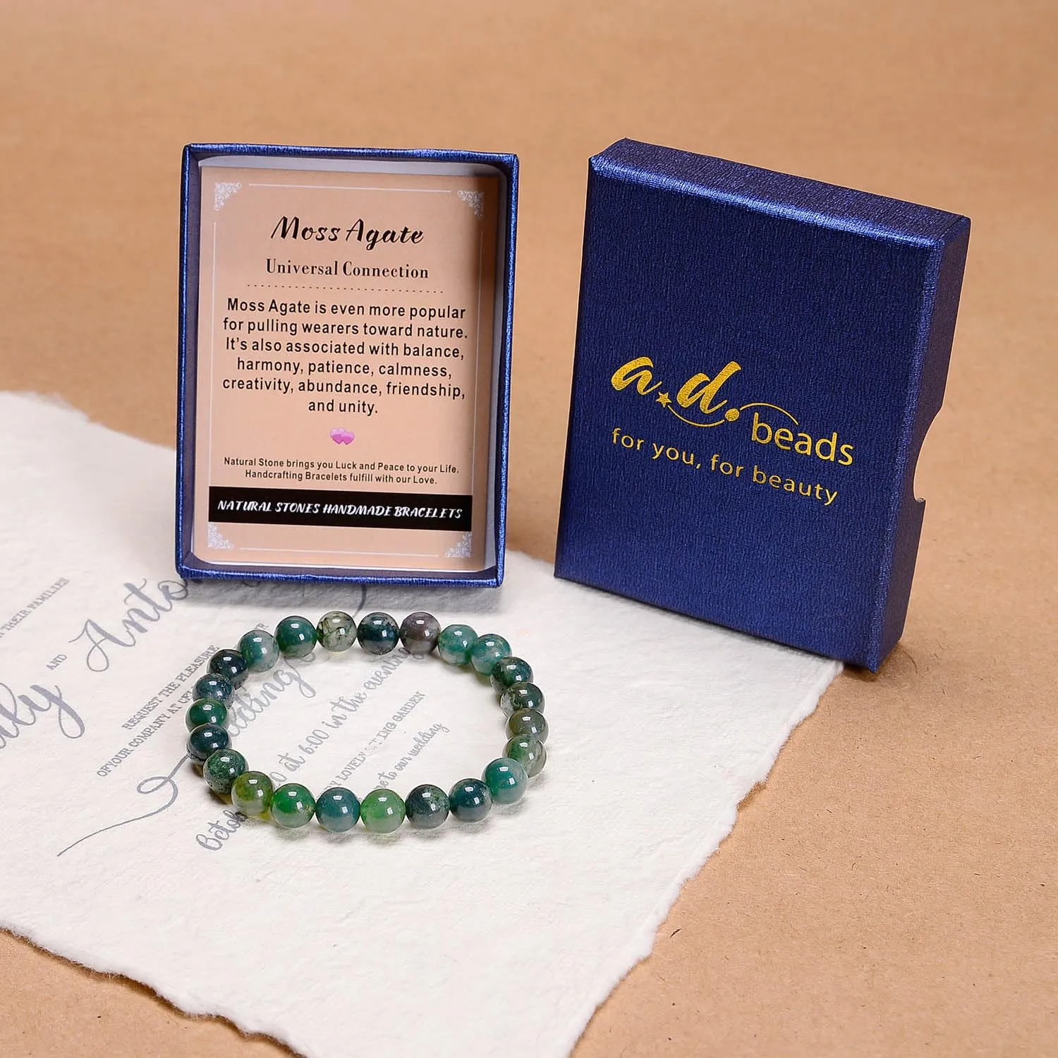 AD Beads Handmade Gemstone Stretch Elastic Bracelet Crystal Healing Reiki Nature's Beauty and Spiritual Essence Unisex (4mm, Moss Agate (Universal Connection))