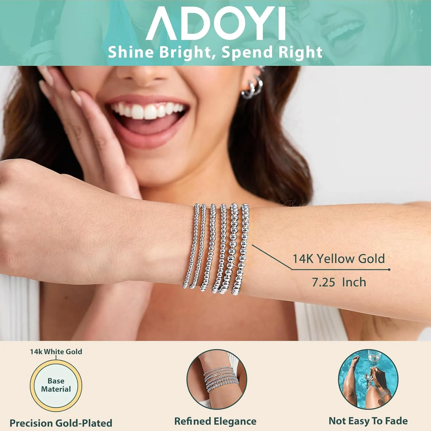 adoyi Gold Bracelets for Women Waterproof, 14K Gold Plated Beaded Strand Bead Ball Bracelets stack Adjustable Jewelry Set for Gifts