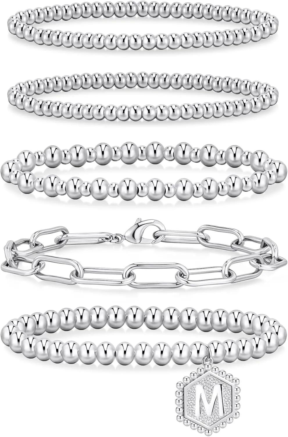 adoyi Gold Silver Beaded Bracelets for Women, 14K Gold Plated Jewelry Bracelet Stack Dainty Initial Stackable Stretch Bead Ball Letter A Strand Bracelet Set Adjustable Gift for Women
