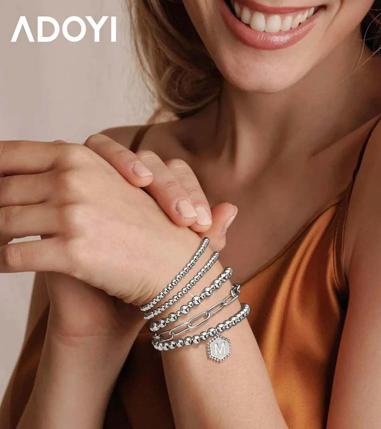 adoyi Gold Silver Beaded Bracelets for Women, 14K Gold Plated Jewelry Bracelet Stack Dainty Initial Stackable Stretch Bead Ball Letter A Strand Bracelet Set Adjustable Gift for Women