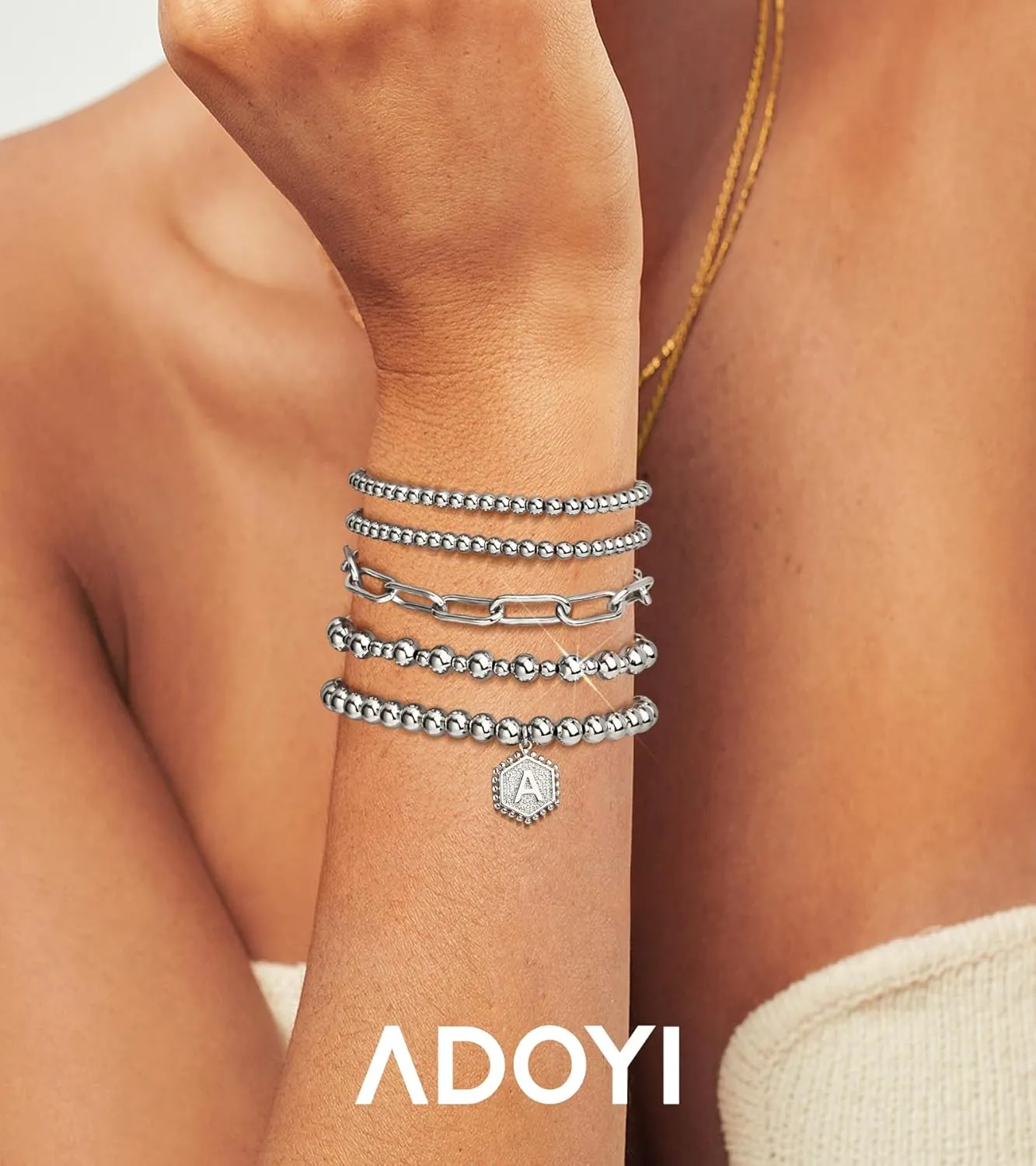 adoyi Gold Silver Beaded Bracelets for Women, 14K Gold Plated Jewelry Bracelet Stack Dainty Initial Stackable Stretch Bead Ball Letter A Strand Bracelet Set Adjustable Gift for Women