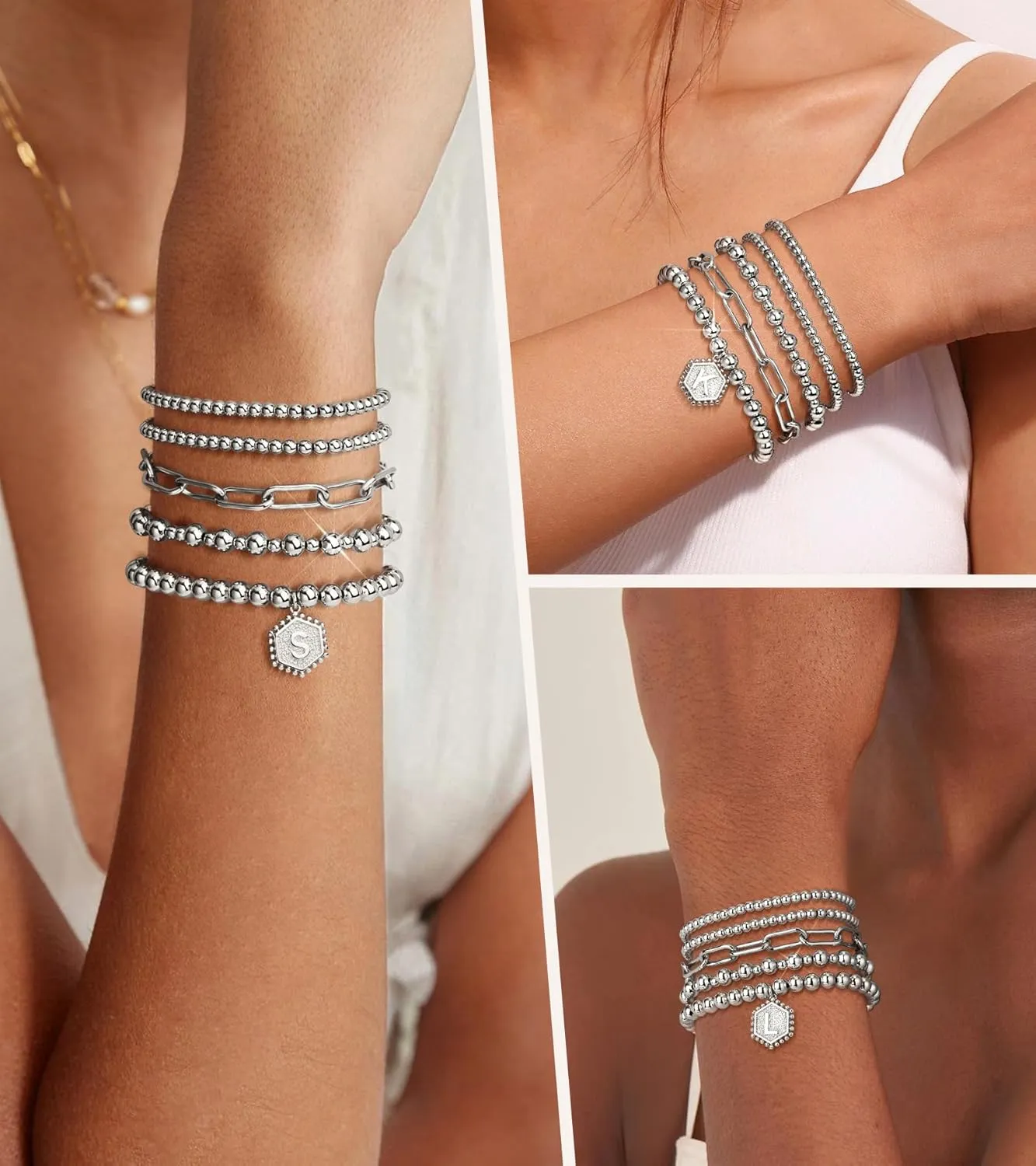 adoyi Gold Silver Beaded Bracelets for Women, 14K Gold Plated Jewelry Bracelet Stack Dainty Initial Stackable Stretch Bead Ball Letter A Strand Bracelet Set Adjustable Gift for Women