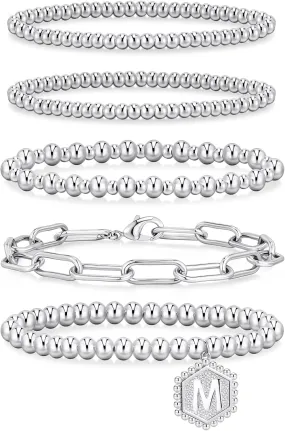adoyi Gold Silver Beaded Bracelets for Women, 14K Gold Plated Jewelry Bracelet Stack Dainty Initial Stackable Stretch Bead Ball Letter A Strand Bracelet Set Adjustable Gift for Women