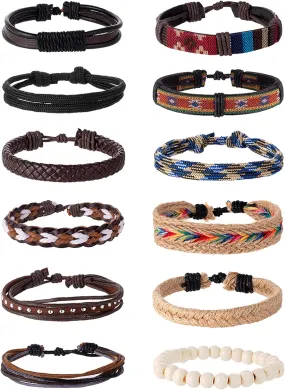 Akeoqi 12-15Pcs Braided Leather Bracelets for Men Women Wooden Beaded Cuff Wrap Bracelet Boho Ethnic Tribal Linen Hemp Cords Stretch Wristbands Bracelets Set Size Adjustable