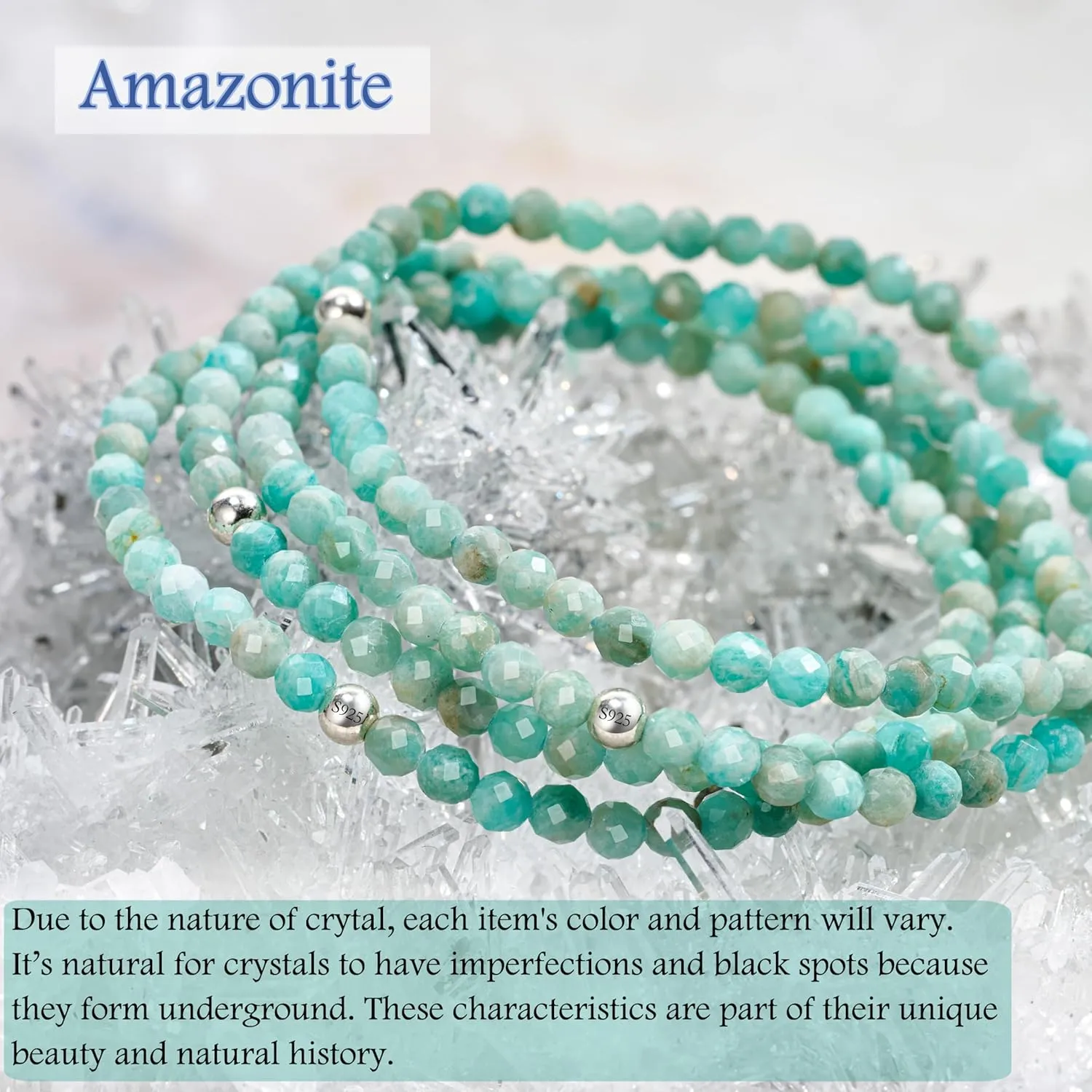 Amazonite - Restoration - Beaded Bracelets for Women, Handmade Natural Stone 4mm Beads 925 Sterling Silver Stretch Bracelets, Chakra Crystal Gemstone Jewelry Gifts