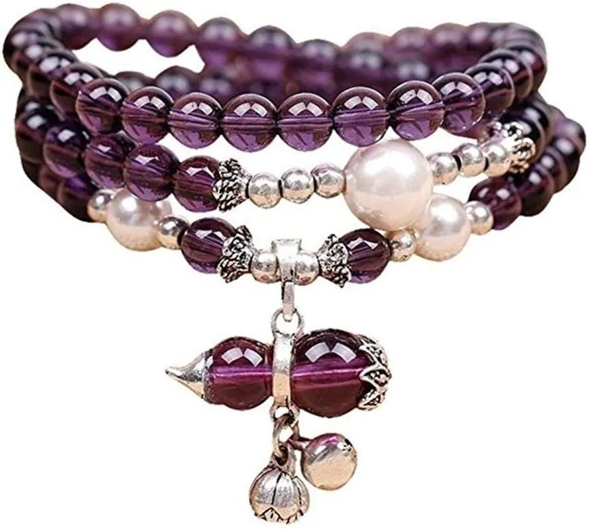 Amethyst Beads Bracelets, 6mm Purple Bead Stretchy Gourd Bracelet Chakra Braceleted Good Luck Mala Necklace Thanksgiving Gift Unisex