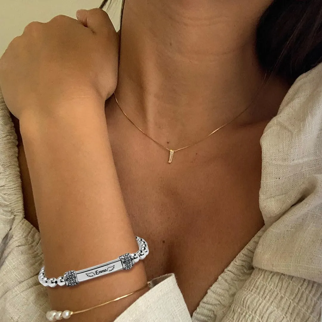 Angel Memorial Bracelet for Women In Memory of Loved Ones Silver Stainless Steel Custom Name Angel Bead Bracelet
