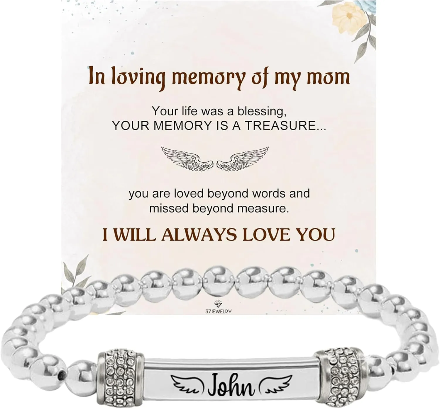 Angel Memorial Bracelet for Women In Memory of Loved Ones Silver Stainless Steel Custom Name Angel Bead Bracelet