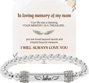 Angel Memorial Bracelet for Women In Memory of Loved Ones Silver Stainless Steel Custom Name Angel Bead Bracelet