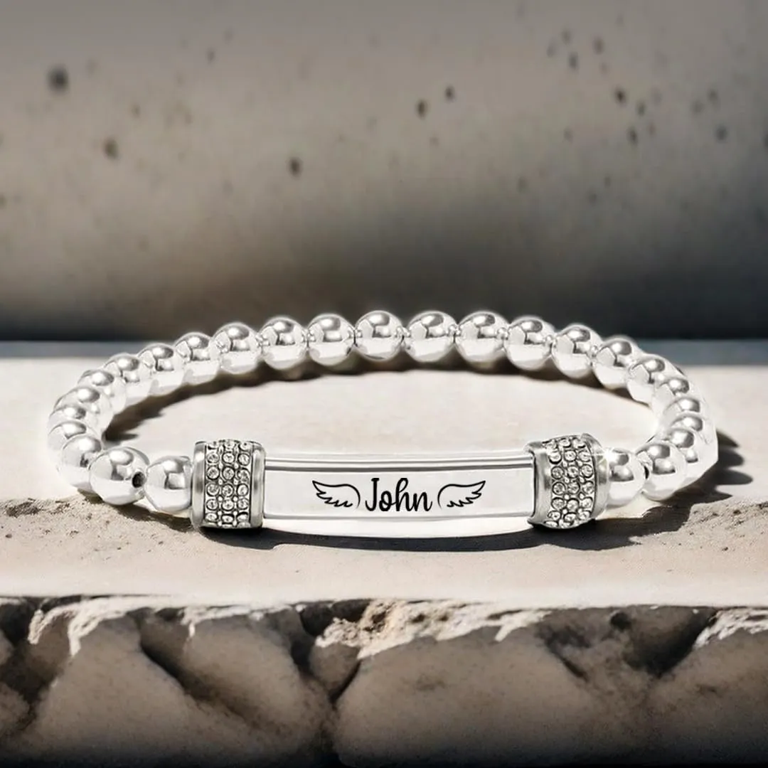 Angel Memorial Bracelet for Women In Memory of Loved Ones Silver Stainless Steel Custom Name Angel Bead Bracelet