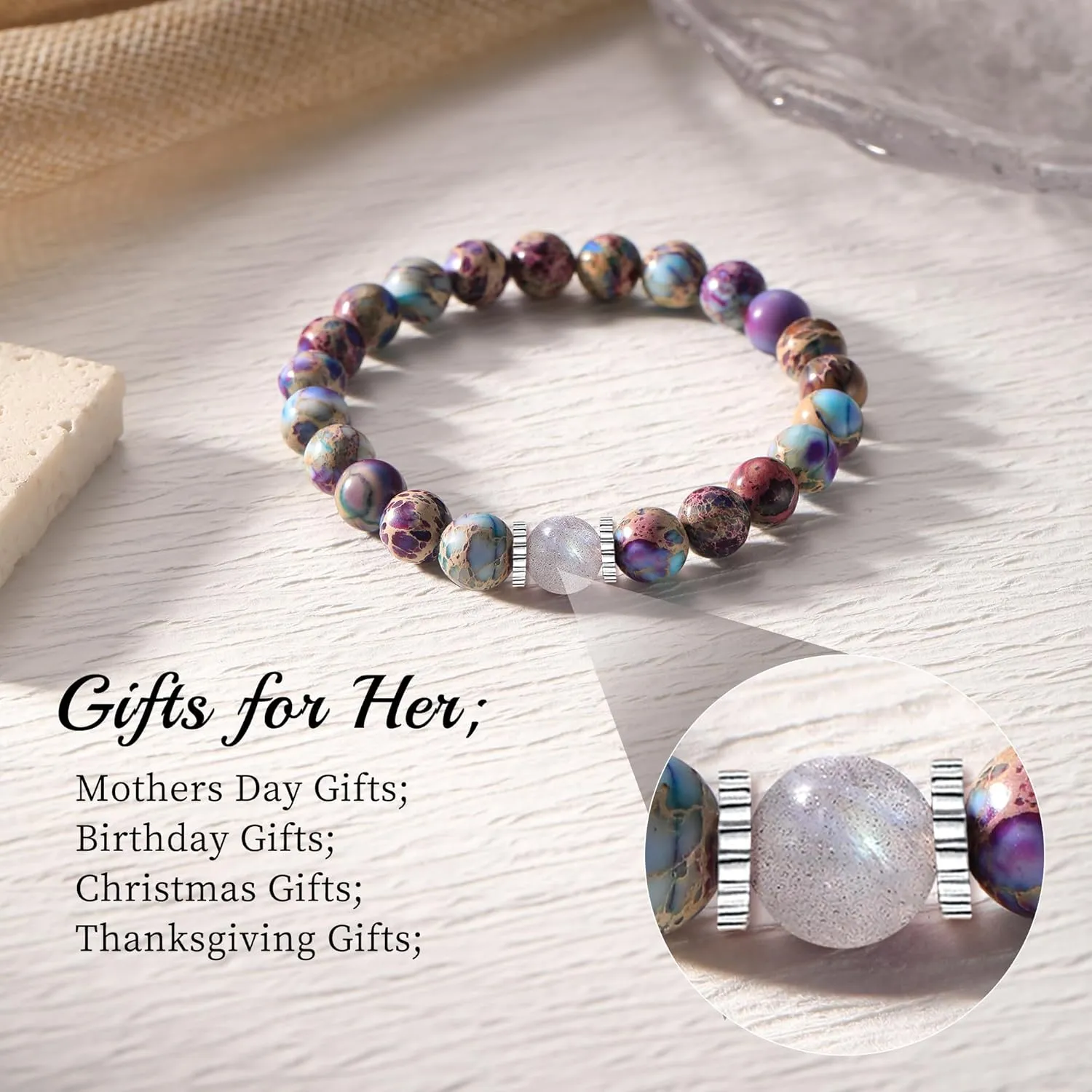 Beaded Bracelets for Women Mom Birthday Gifts Stretch Bracelets Moonstone Bracelet Purple Gifts Jewelry for Women Mom Mother Gifts for New Mom