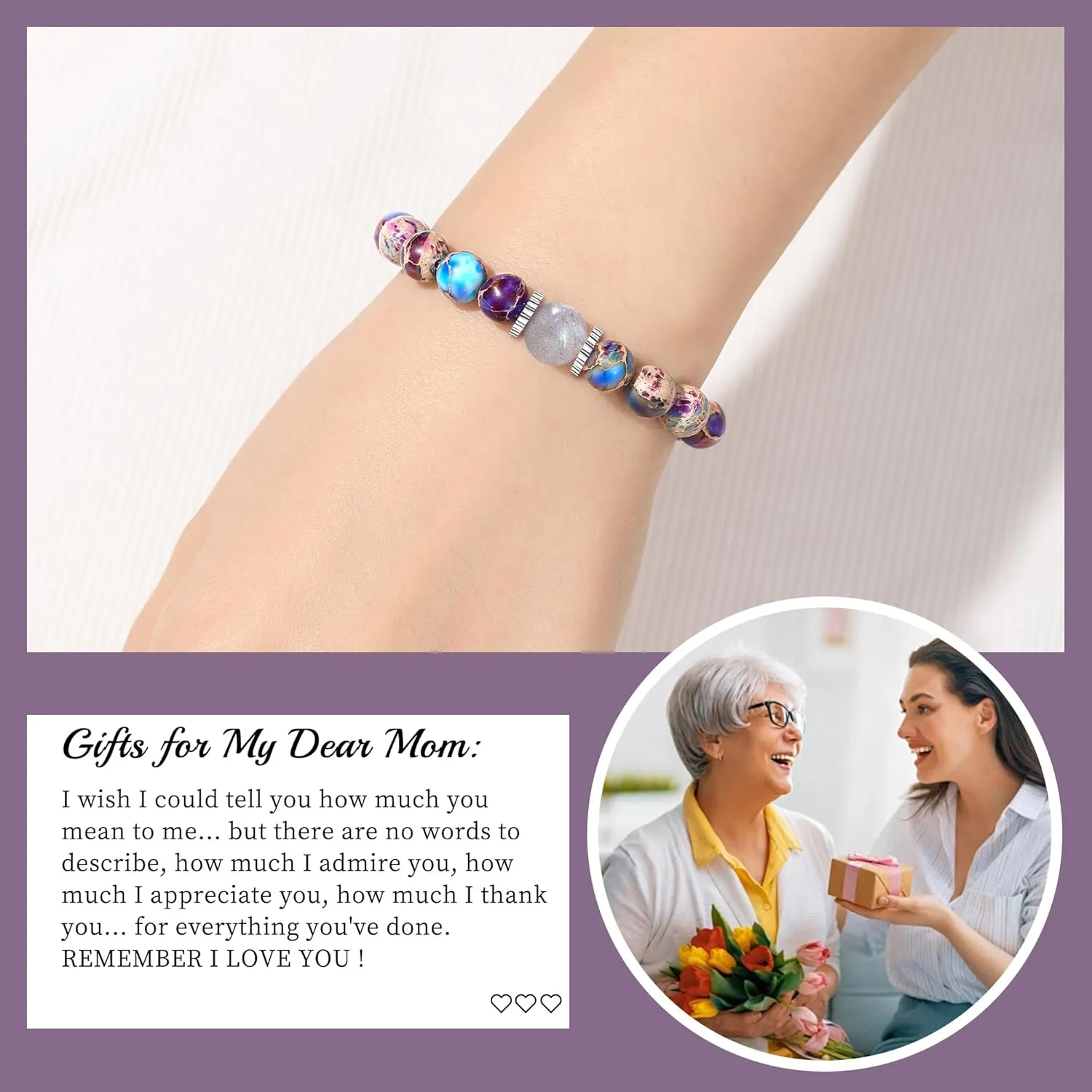 Beaded Bracelets for Women Mom Birthday Gifts Stretch Bracelets Moonstone Bracelet Purple Gifts Jewelry for Women Mom Mother Gifts for New Mom