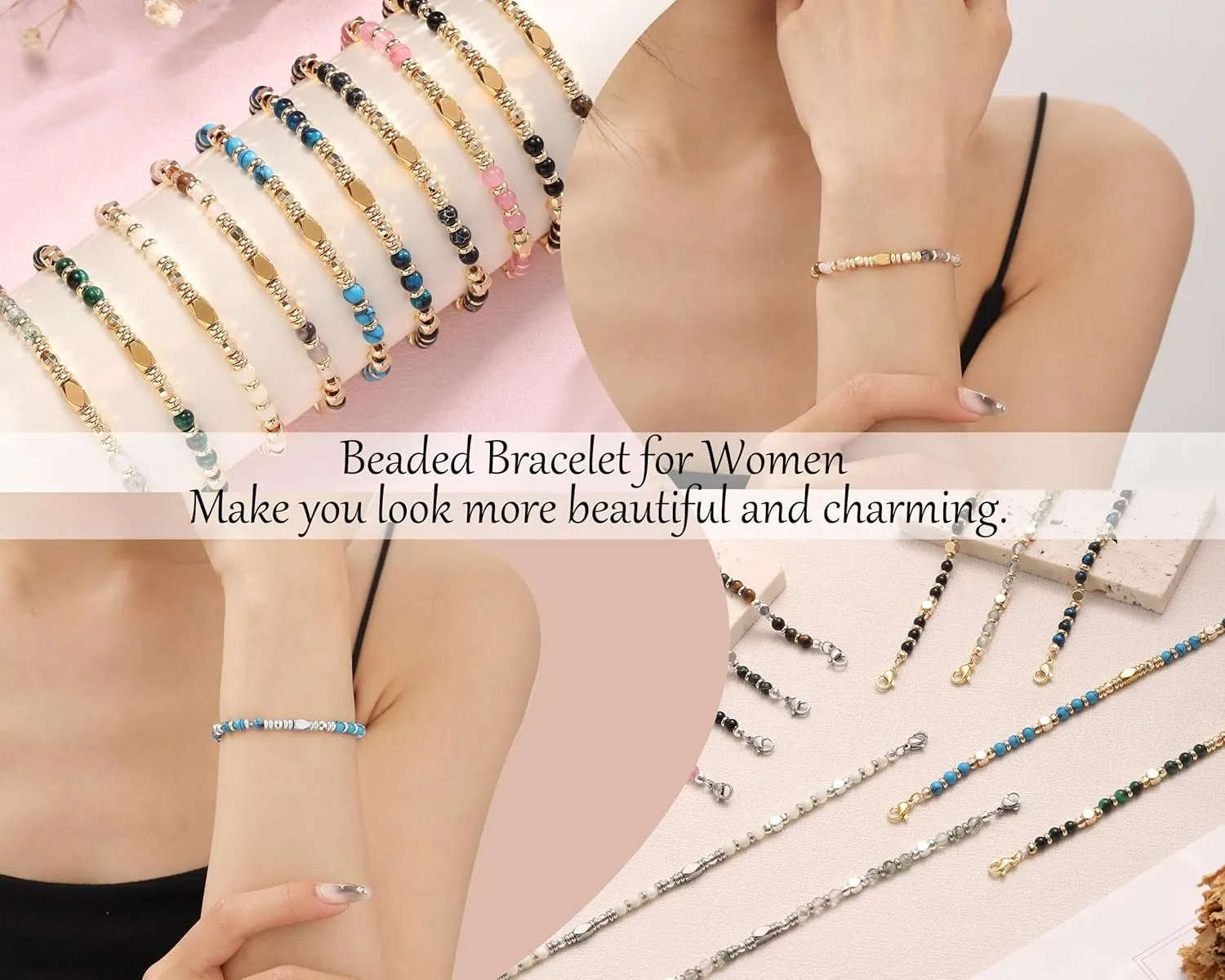 Beaded Bracelets for Women Teen Girl Gifts Trendy Stuff Mothers Day Gifts for Mom from Daughter Inspirational Gifts for Her Dainty Gold Bracelet Adjustable Gemstone Christmas Jewelry