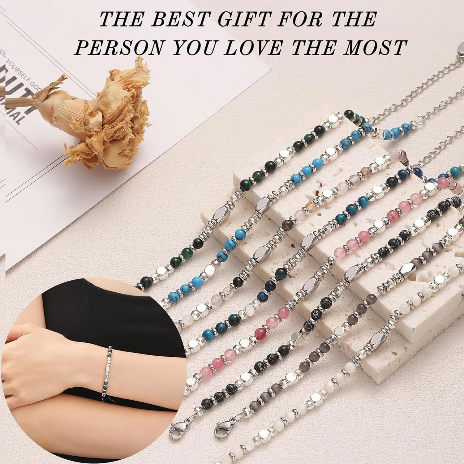 Beaded Bracelets for Women Teen Girl Gifts Trendy Stuff Mothers Day Gifts for Mom from Daughter Inspirational Gifts for Her Dainty Gold Bracelet Adjustable Gemstone Christmas Jewelry
