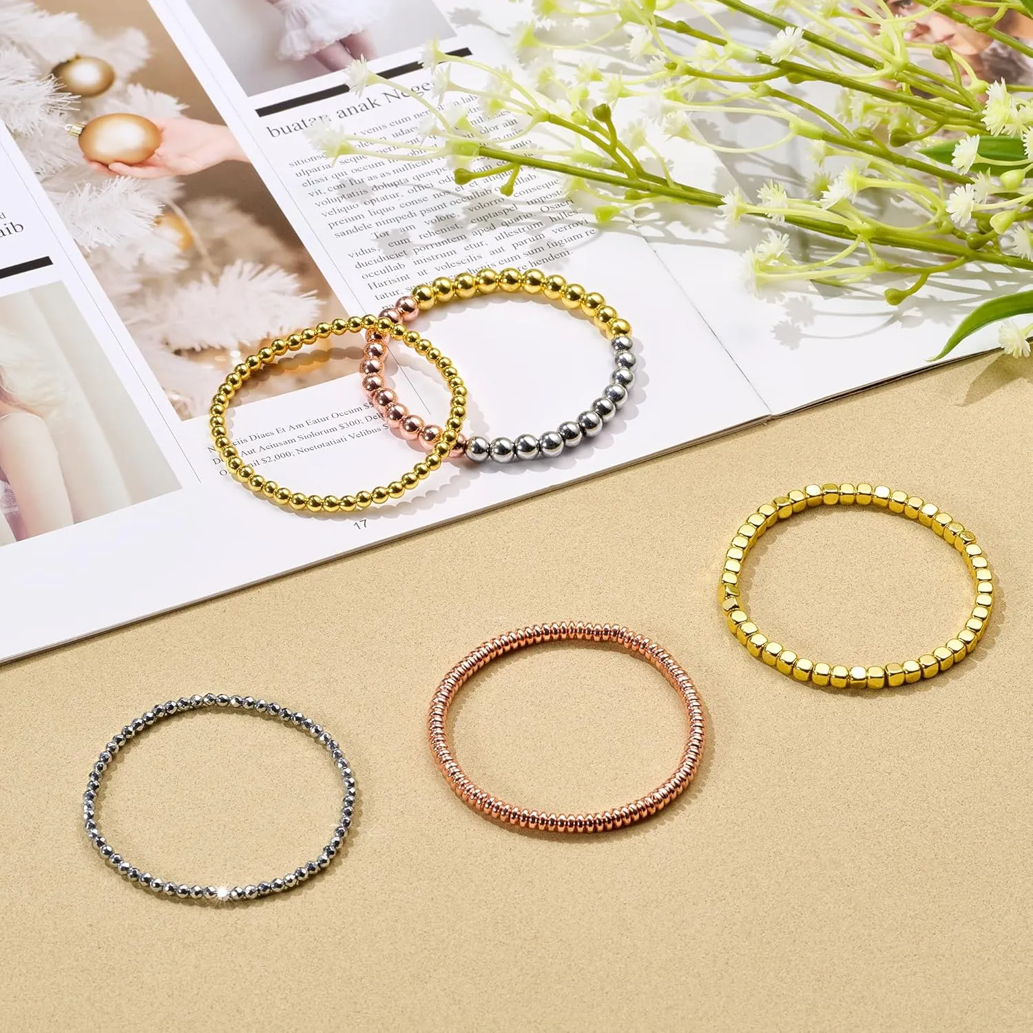 Bivei Beaded Bracelet Set 5pcs for Women Men - Natural Gemstone Crystal Bracelets Healing Anxiety Round Stretch Jewelry