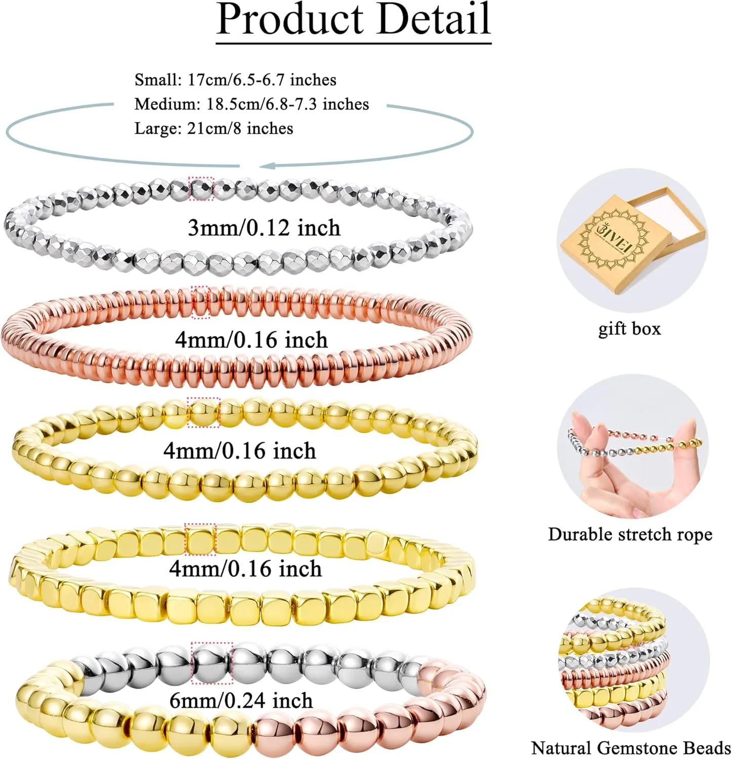 Bivei Beaded Bracelet Set 5pcs for Women Men - Natural Gemstone Crystal Bracelets Healing Anxiety Round Stretch Jewelry