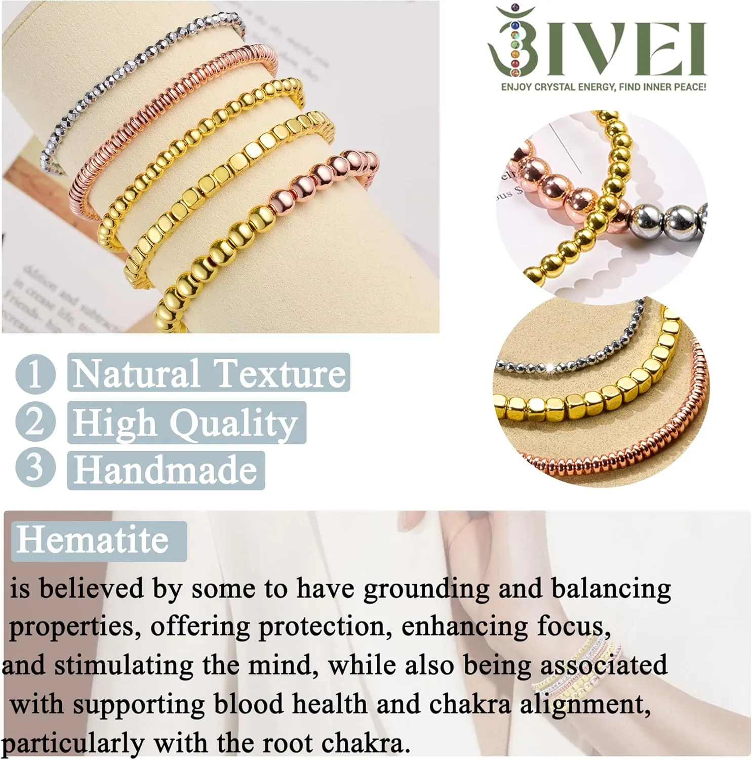 Bivei Beaded Bracelet Set 5pcs for Women Men - Natural Gemstone Crystal Bracelets Healing Anxiety Round Stretch Jewelry