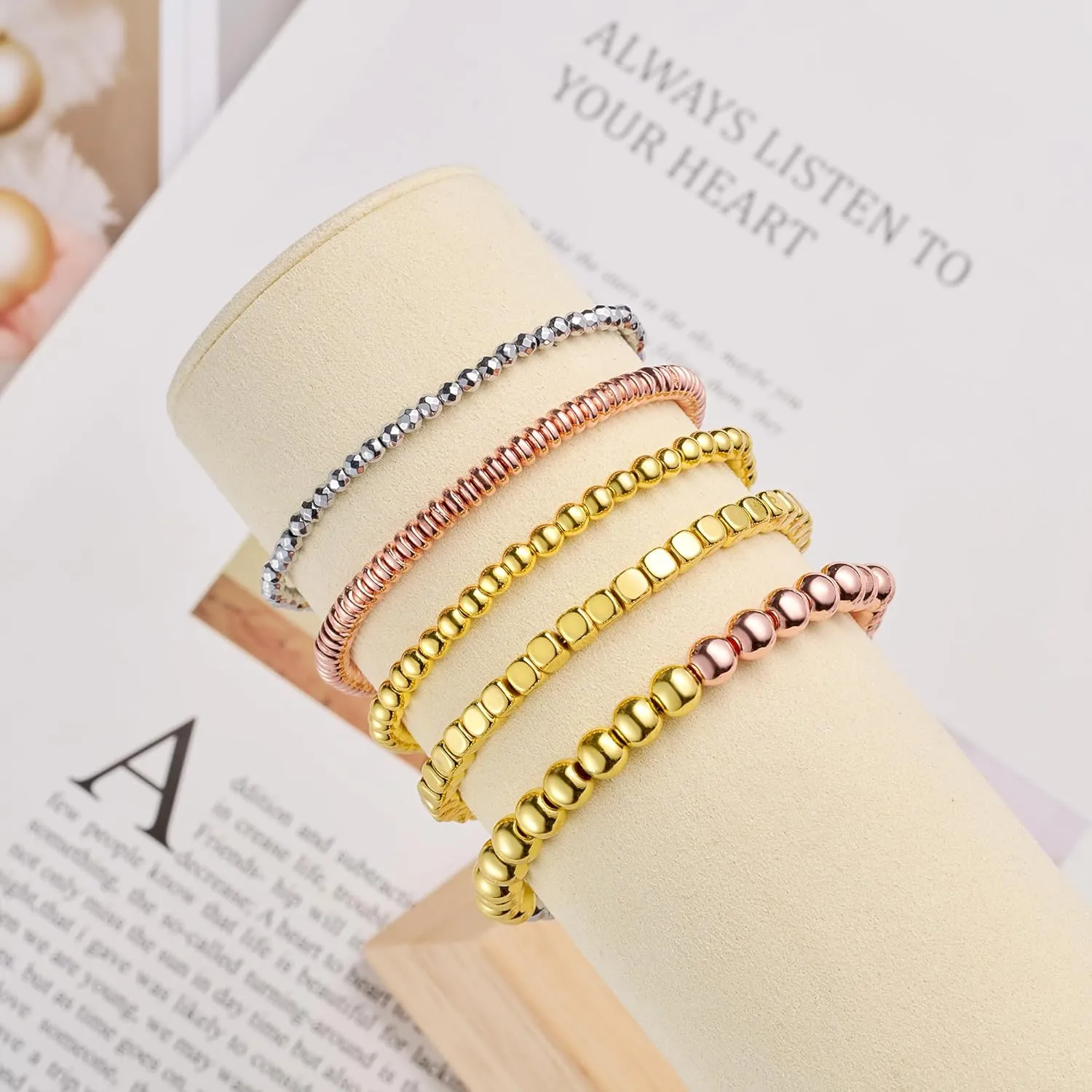 Bivei Beaded Bracelet Set 5pcs for Women Men - Natural Gemstone Crystal Bracelets Healing Anxiety Round Stretch Jewelry