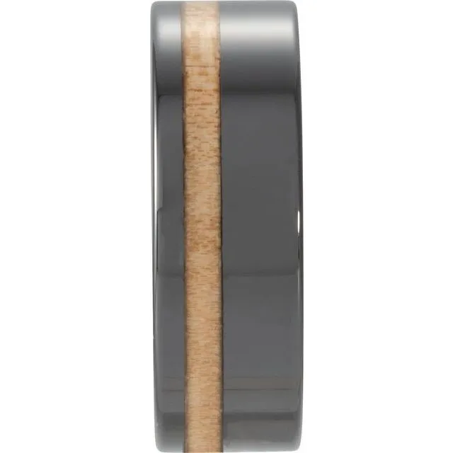 Black Ceramic Flat Band with Cypress Wood Inlay