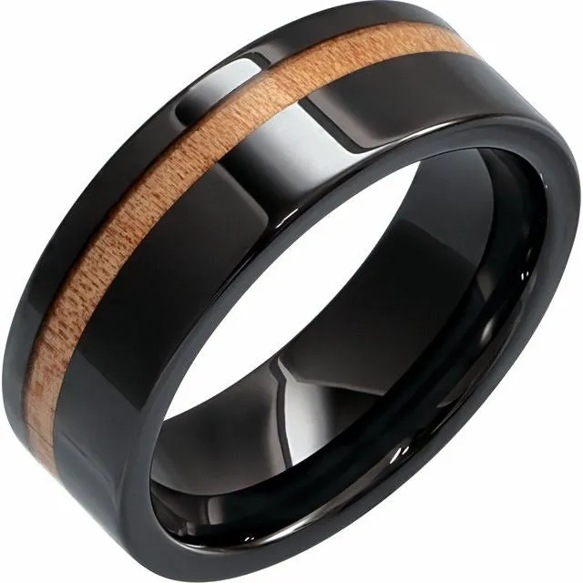 Black Ceramic Flat Band with Cypress Wood Inlay