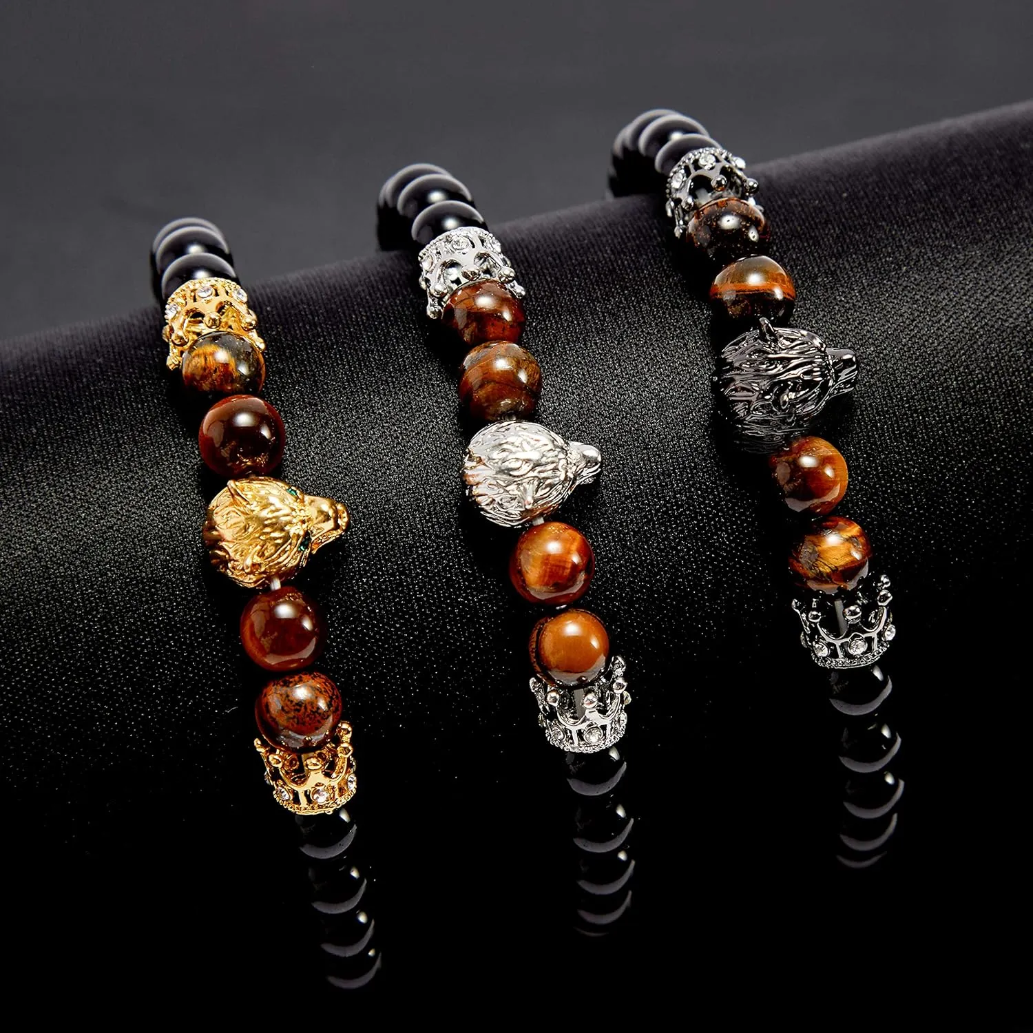 Black Matte Beads Bracelets 8mm Onyx Stone Bracelets Sets Charm King Crown for Women Men Jewelry