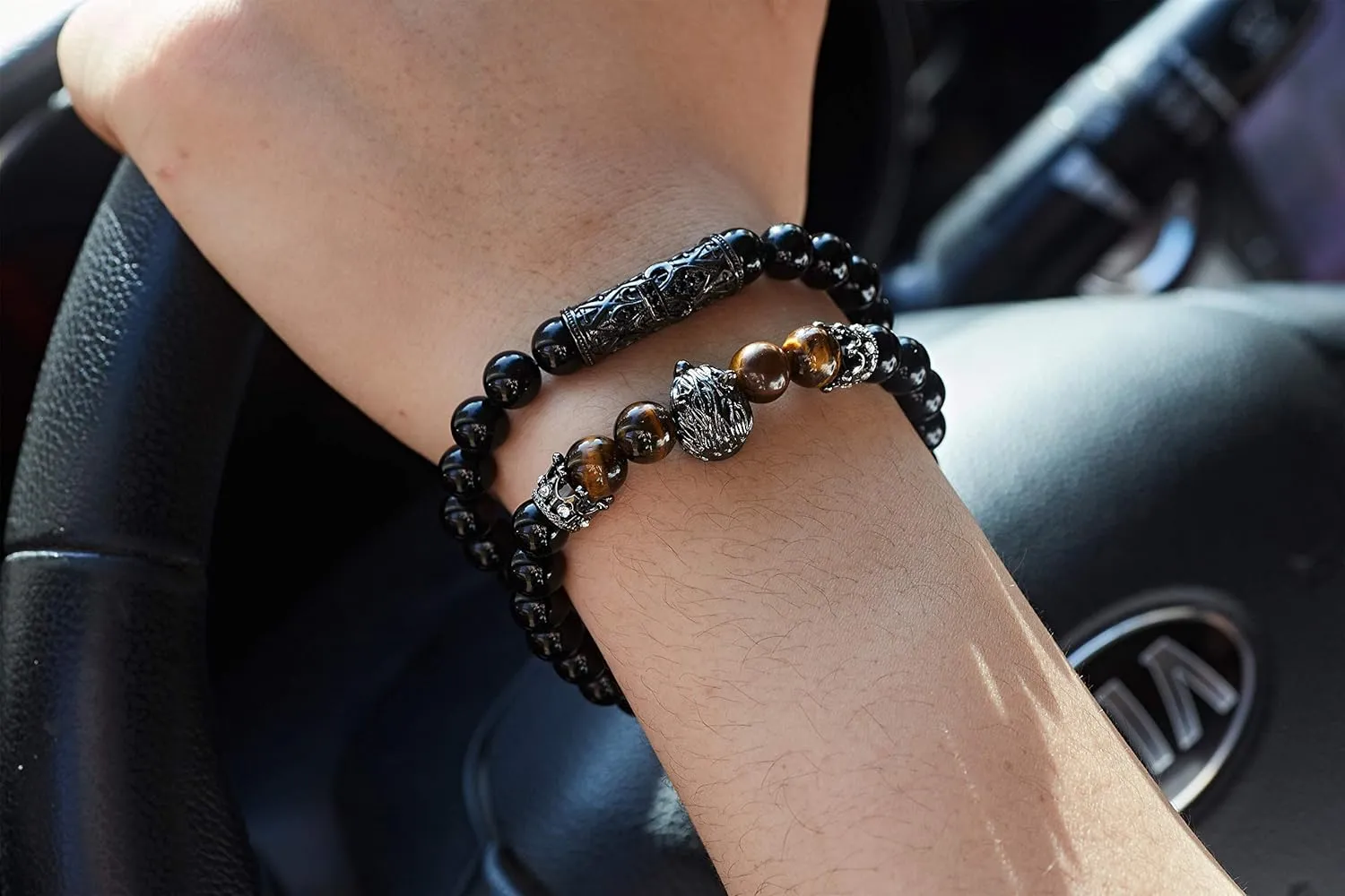 Black Matte Beads Bracelets 8mm Onyx Stone Bracelets Sets Charm King Crown for Women Men Jewelry