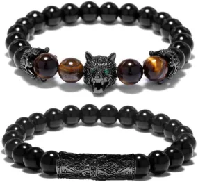 Black Matte Beads Bracelets 8mm Onyx Stone Bracelets Sets Charm King Crown for Women Men Jewelry